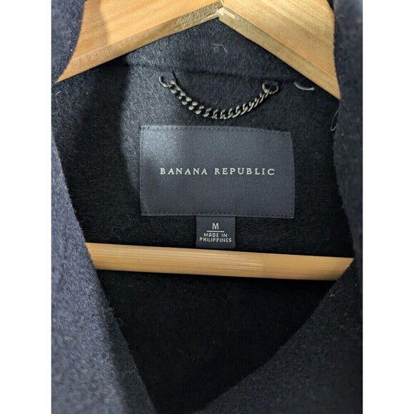 Banana Republic Black Wool Jacket Overcoat Red Piping Unlined M Faux Horn - Picture 3 of 8